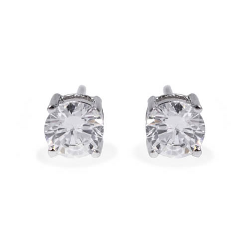 Stud Earring 4 claws white rhodium plated silver and white zirconia 8mm. Antiallergic