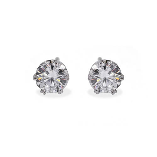 Stud Earring 6 claws white rhodium plated silver and white zirconia 8mm. Antiallergic