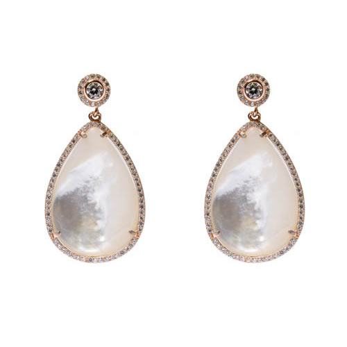 Teardrop Earring 3.5 rose gold plated silver, mother of pearl and white zirconia.