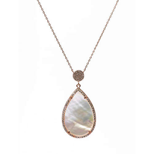 Teardrop Pendant and Chain rose gold plated silver, mother of pearl and pave. Antiallergic