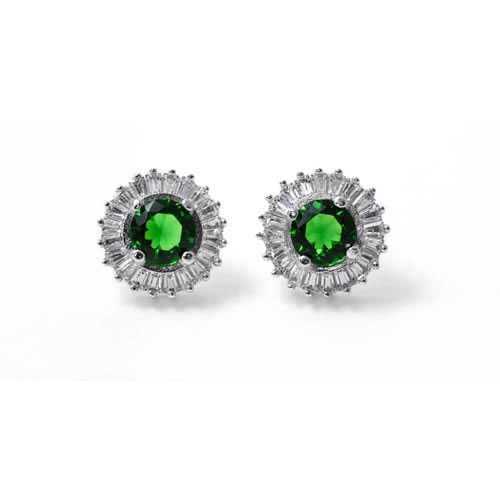 Daisy Earring rhodium plated silver, white and green zirconia. Antiallergic.