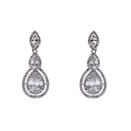 Triple Pear Earring rhodium and white zirconia. Antiallergic