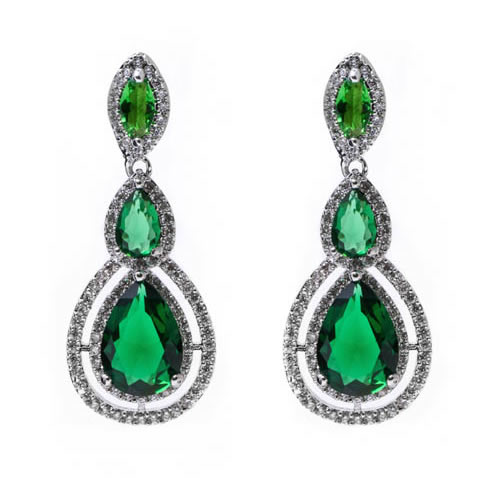 Triple Pear Earring rhodium and green zirconia. Antiallergic